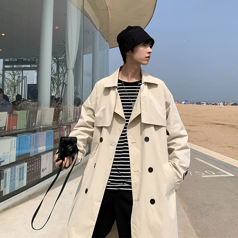 Spring Trench Coat Male Streetwear Windbreaker Men Solid Business Long Overcoat