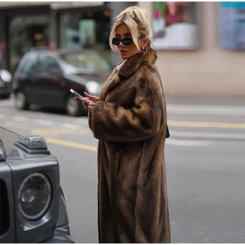 Women Dark Brown Faux Fur Long Overcoat Fleece Trench Coat Winter Fluffy Plush Warm Outerwear