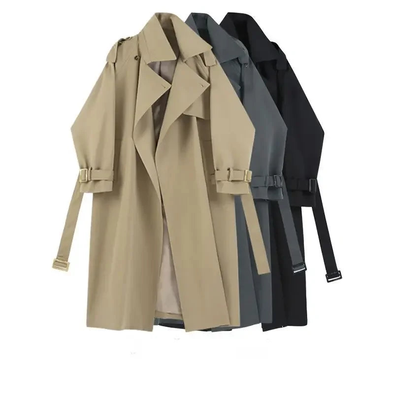 Women Long Trench Coat Classic Lapel Belted Sleeve Casual Street Fashion Outerwear