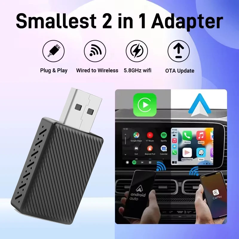 Carplay Android Auto Wireless Adapter for Toyota Mazda Nissan Camry Suzuki Subaru Citroen Audi Mercedes Kia Ford Opel Spotify BT