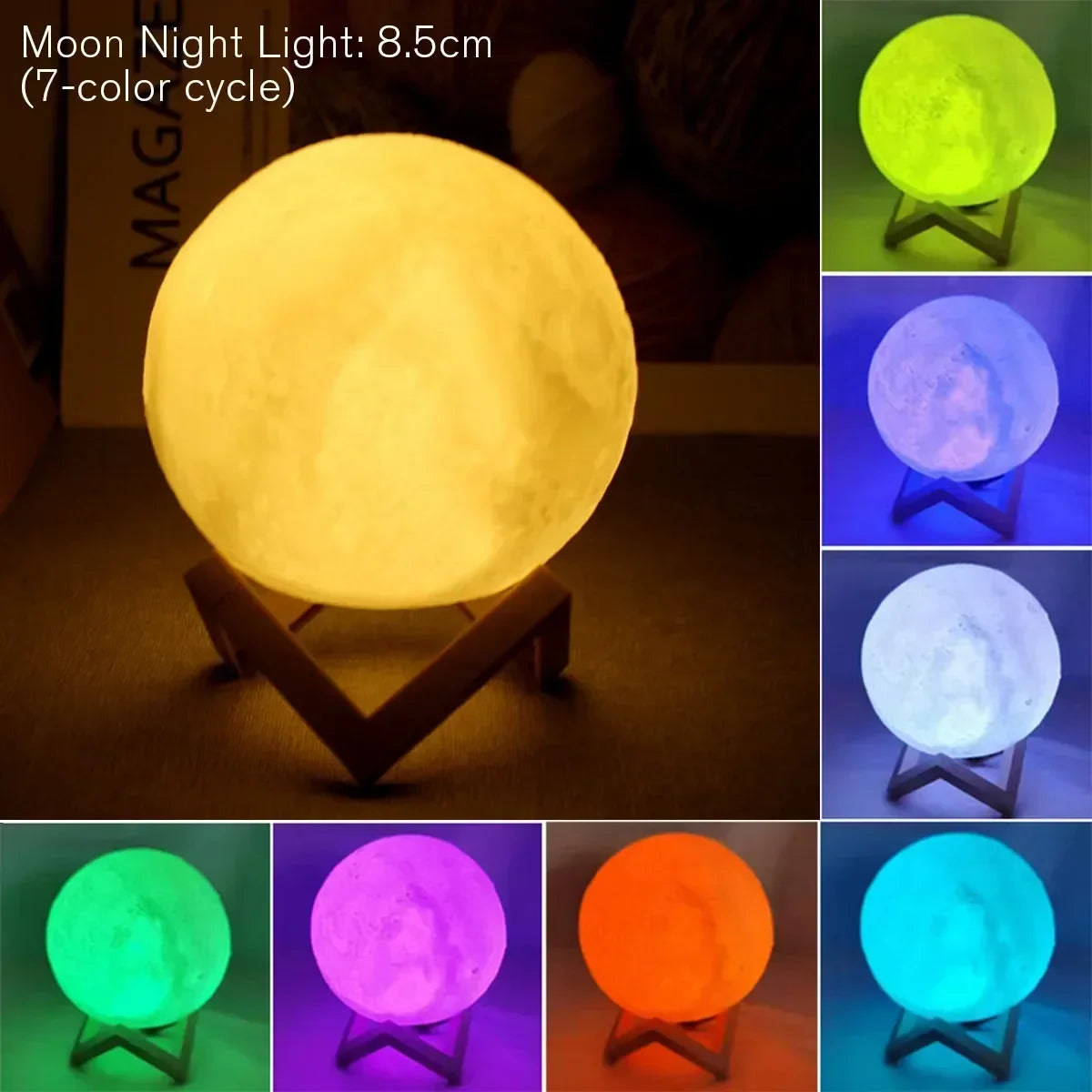 8cm Moon Lamp LED Night Light Battery Powered With Stand Starry Lamp Bedroom Kids Gift Moon Lamp