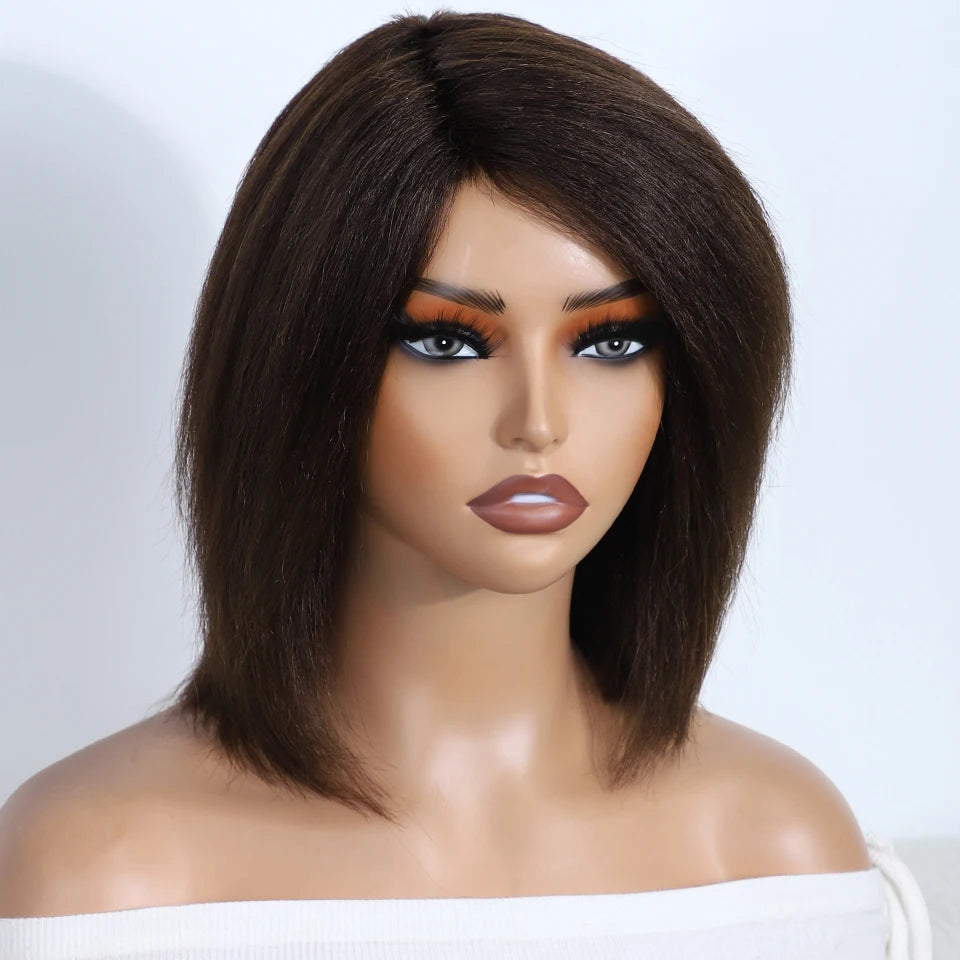 Short Kinky Straight Bob Glueless Ready to Wear Human Hair Wigs For Women Brazilian Hair Natural Brown 12" Bob Wigs