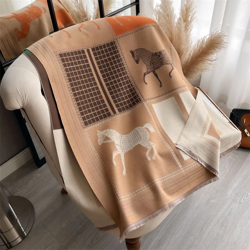 Women's Soft Cashmere Pashmina Scarf Warm Plaid Horse Print Shawl Thick Winter Wrap Tassel Stole Hijab for Outdoor Fashion