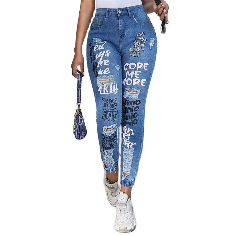 Fashion Alphabet Print Stretch Leg Pencil Jeans Women Trend Broken Holes Denim Pants