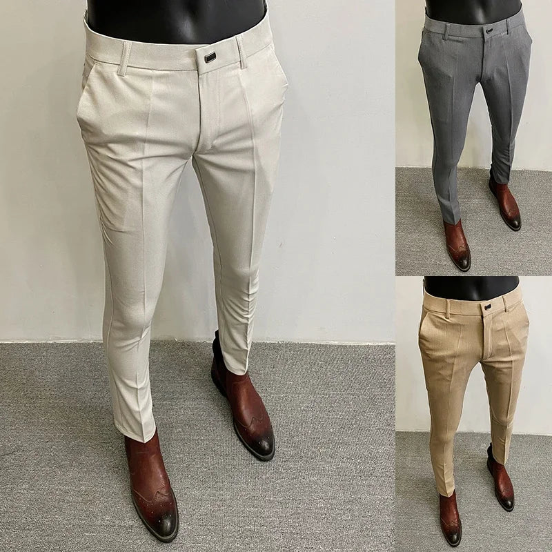 Men Suit Pants Formal Trousers Stretch Slim Solid Color Full Length Pants Men Clothing