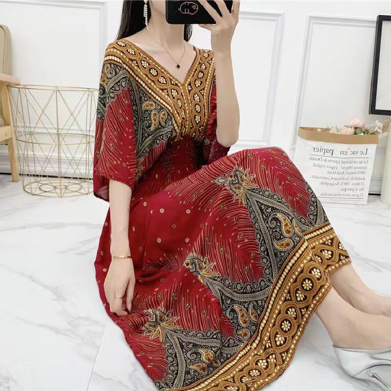 Casual Elegant V-neck Tunic Large Printed Dress Long Skirt