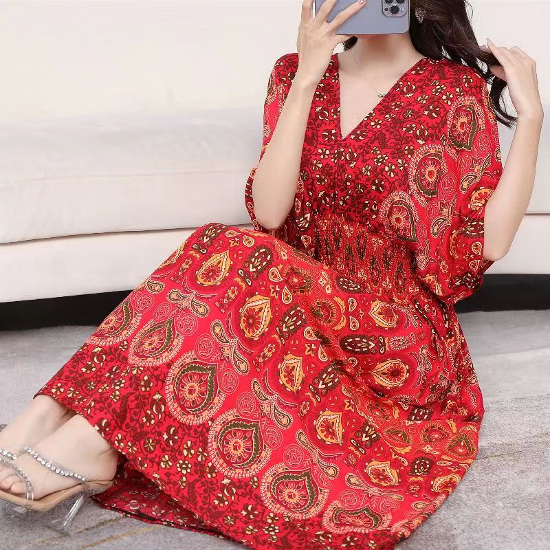 Casual Elegant V-neck Tunic Large Printed Dress Long Skirt