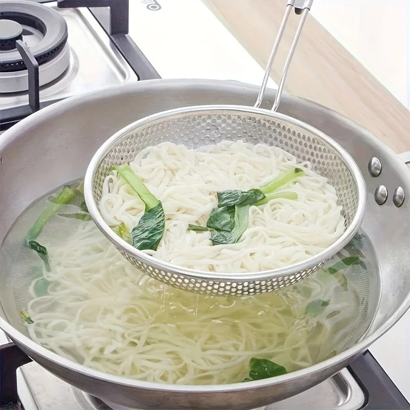 Stainless Steel Colander with Wooden Handle - Food Prep Skimmer Spoon for Cooking  Grease Filtering