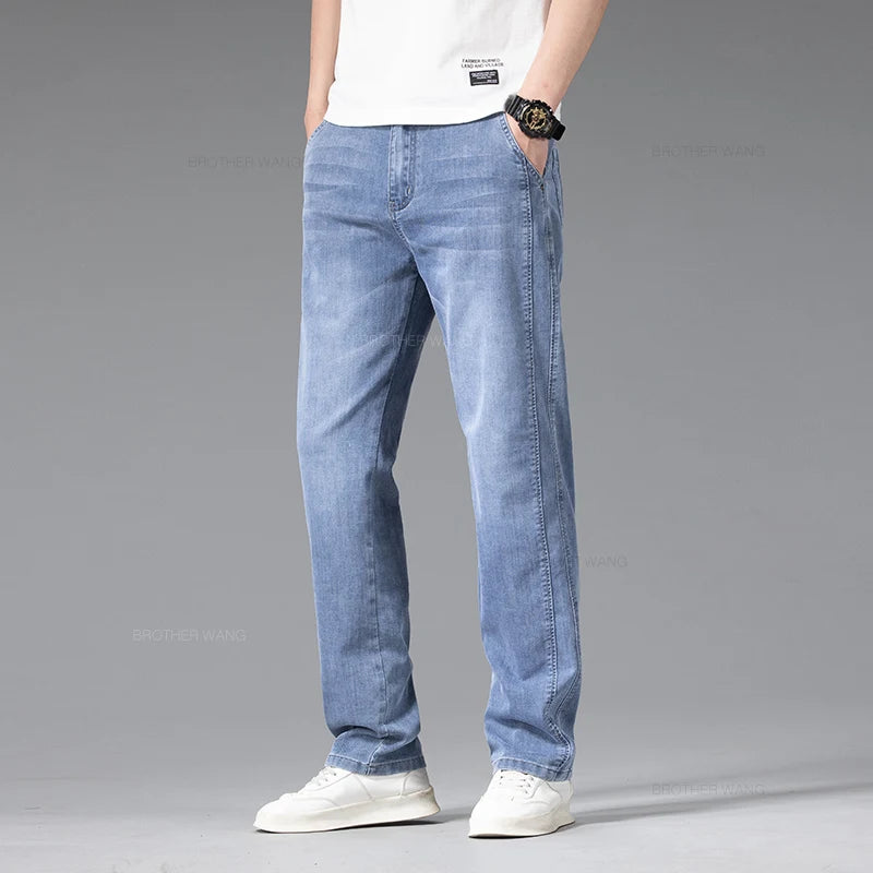 Summer Thin Jeans Men's Loose Straight Pants Fashion Elastic Waist Stretch Cotton Business Casual Denim Trousers Light Blue