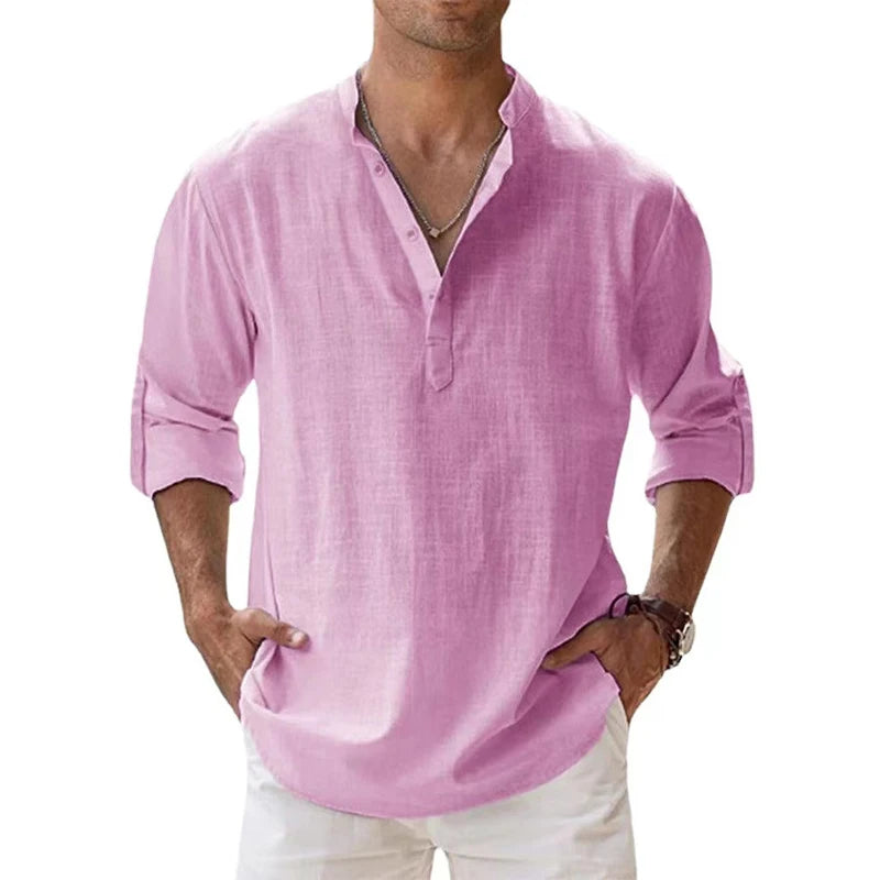 Men's Cotton Linen Casual Shirts Lightweight Long Sleeve Henley Beach Hawaiian T Shirts