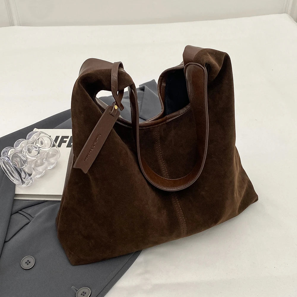 Retro Suede Large Capacity Bucket Bag Women's Casual Commuter Tote Shoulder Bag Magnetic Closure Zipper PU Leather Handbag