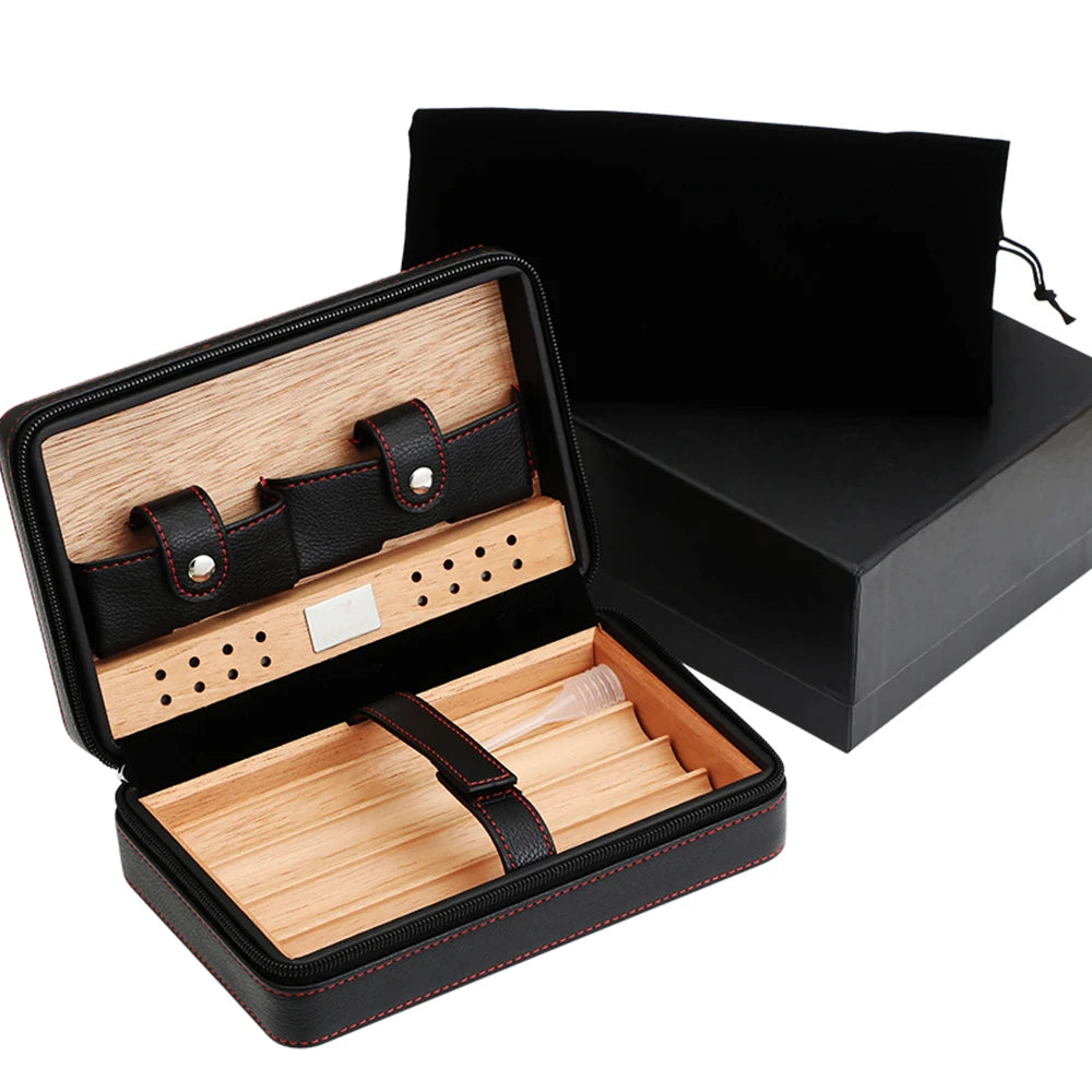 Portable Humidor Cigar Box Travel Cigar Case Leather Cedar Wood Cigar Humidor Box W/ Cutter Lighter Puro Set Accessories