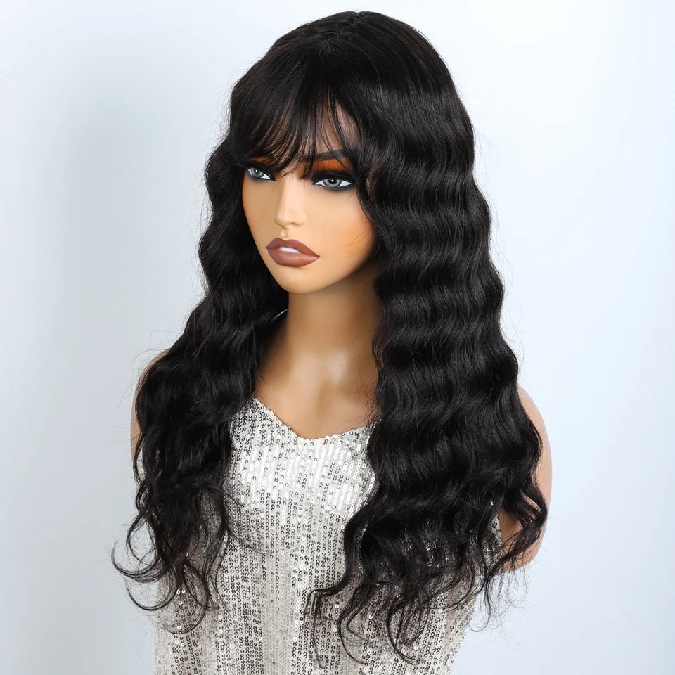 Lekker Body Wave 100% Human Hair Wigs With Bangs For Women Brazilian Long Wavy Daily Black Wigs