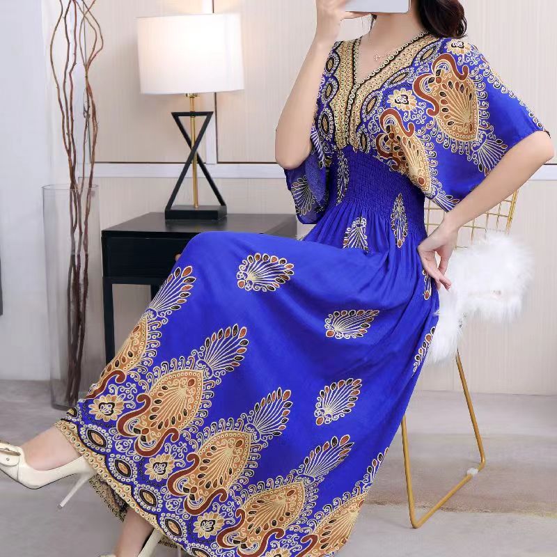 Casual Elegant V-neck Tunic Large Printed Dress Long Skirt