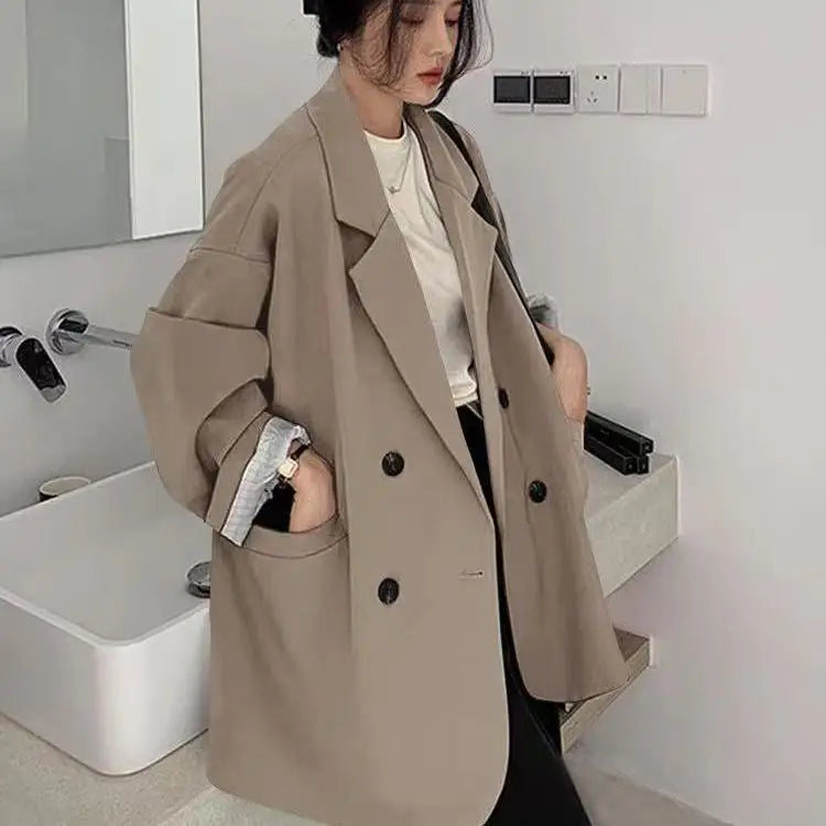 Oversize Double-breasted Tweed Blazer for Women Long Sleeve Black Loose Casual Jacket Korean Chic Streetwear for Spring Autumn