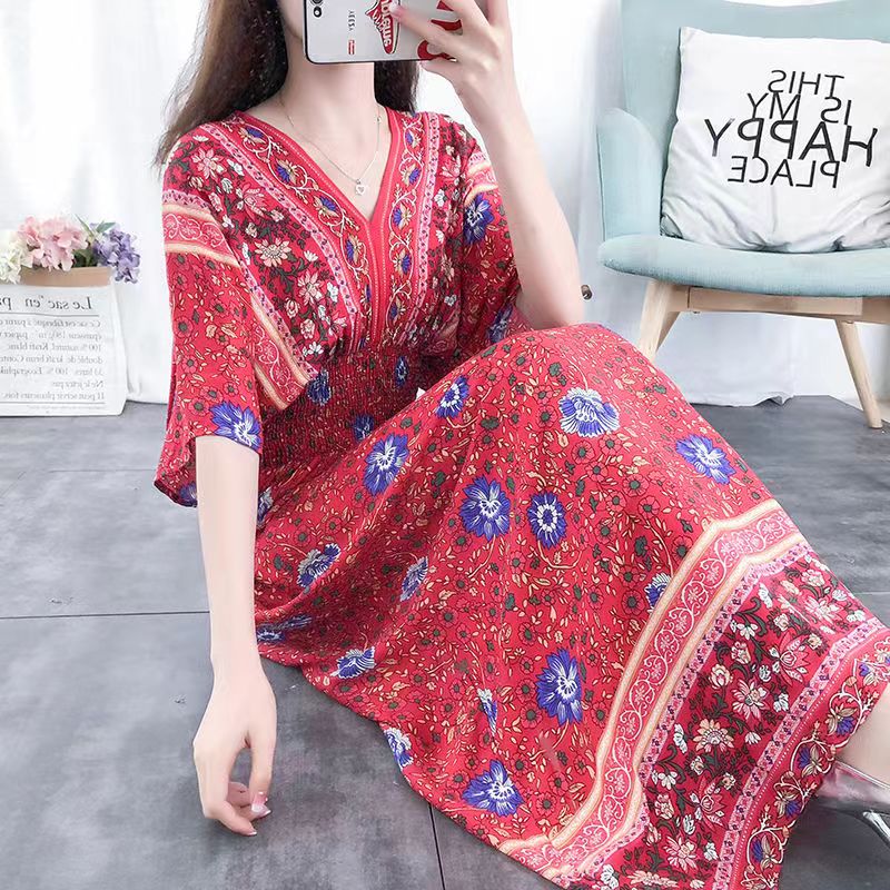 Casual Elegant V-neck Tunic Large Printed Dress Long Skirt