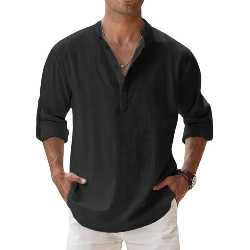 Men's Cotton Linen Casual Shirts Lightweight Long Sleeve Henley Beach Hawaiian T Shirts