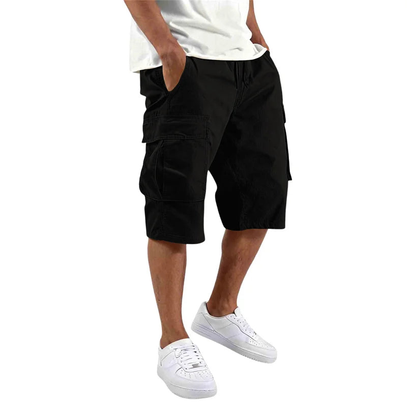 Summer loose straight Casual multi-pocket Shorts fashion Men drawstring daily cargo short pants