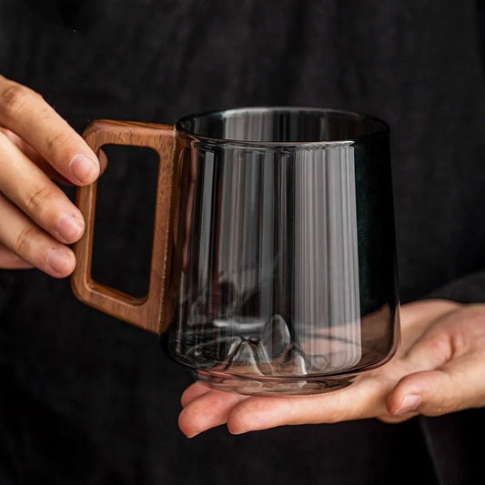 Guanshan Single-layer Glass Side Wooden Handle Drinking Cups Household Large-capacity Milk Tea Juice Cup