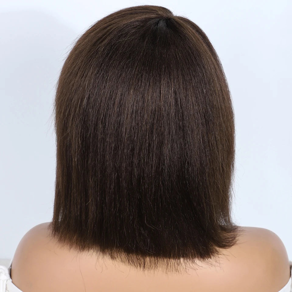 Short Kinky Straight Bob Glueless Ready to Wear Human Hair Wigs For Women Brazilian Hair Natural Brown 12" Bob Wigs