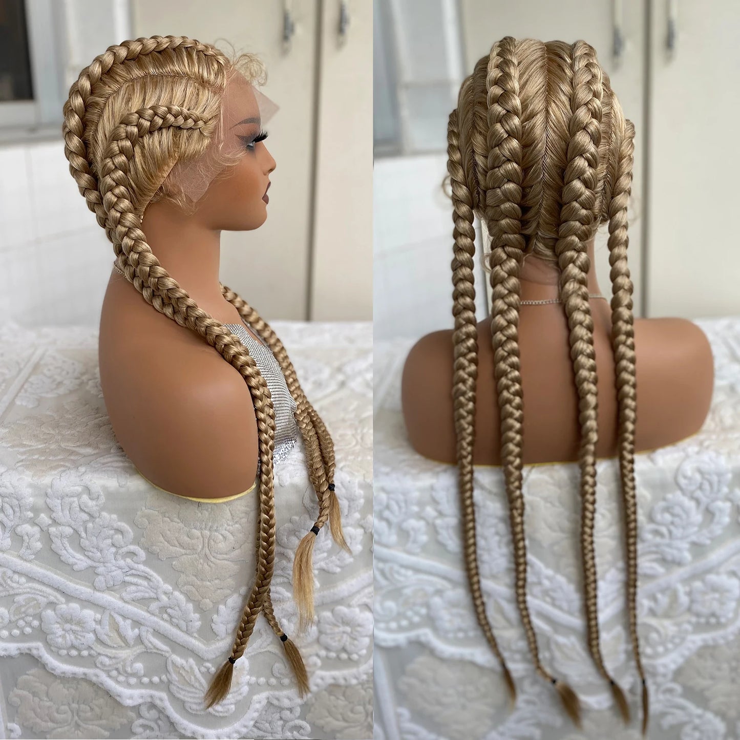 Synthetic Lace Front Wig Braided Wigs With Baby Hair 32 Inches 4 Twist Cornrow Crochet Braids