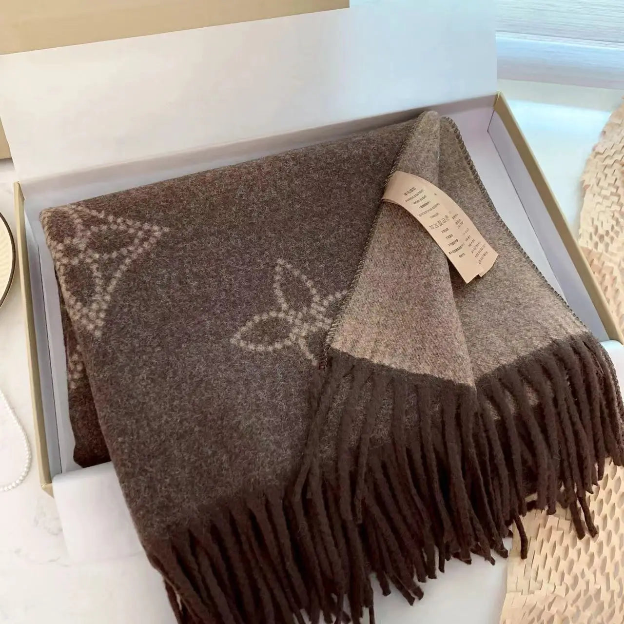 Women's Double Sided Silk Scarf Winter Warm Neck Wrap Imitation Wool Floral Design