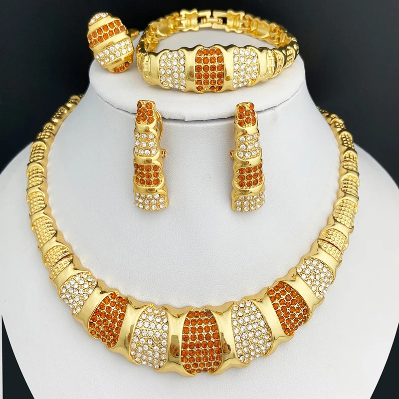 Gold Color Jewelry Sets Luxury 18K Gold Plated Women Necklaces Earrings Ring Bracelet  Accessories