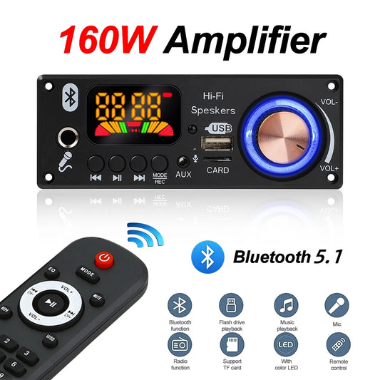 Amplifier Bluetooth 5.1 MP3 Decoder Board 2*80W Audio Player 12V DIY MP3 Player Car FM Radio Module TF USB Mic Record Call