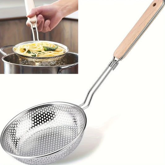 Stainless Steel Colander with Wooden Handle - Food Prep Skimmer Spoon for Cooking  Grease Filtering