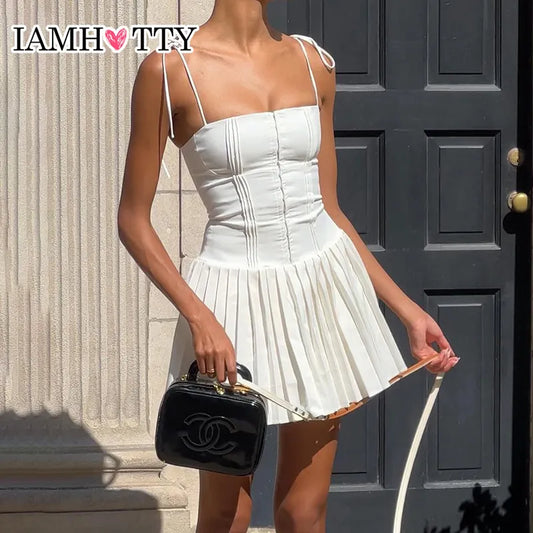 Party Holiday Sleeveless Dress White Buckle Up Lace-up Straps Mini Dress High Streetwear