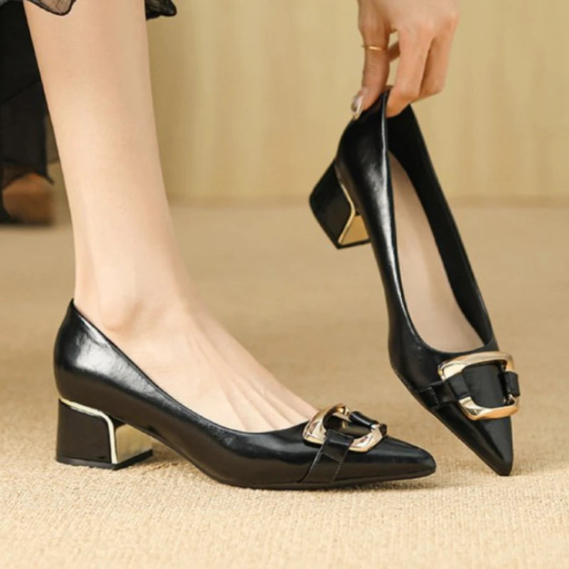 Black Leather Pump for Women Pointed Toe High Heel Party Shoe Slip On Adult Footwear