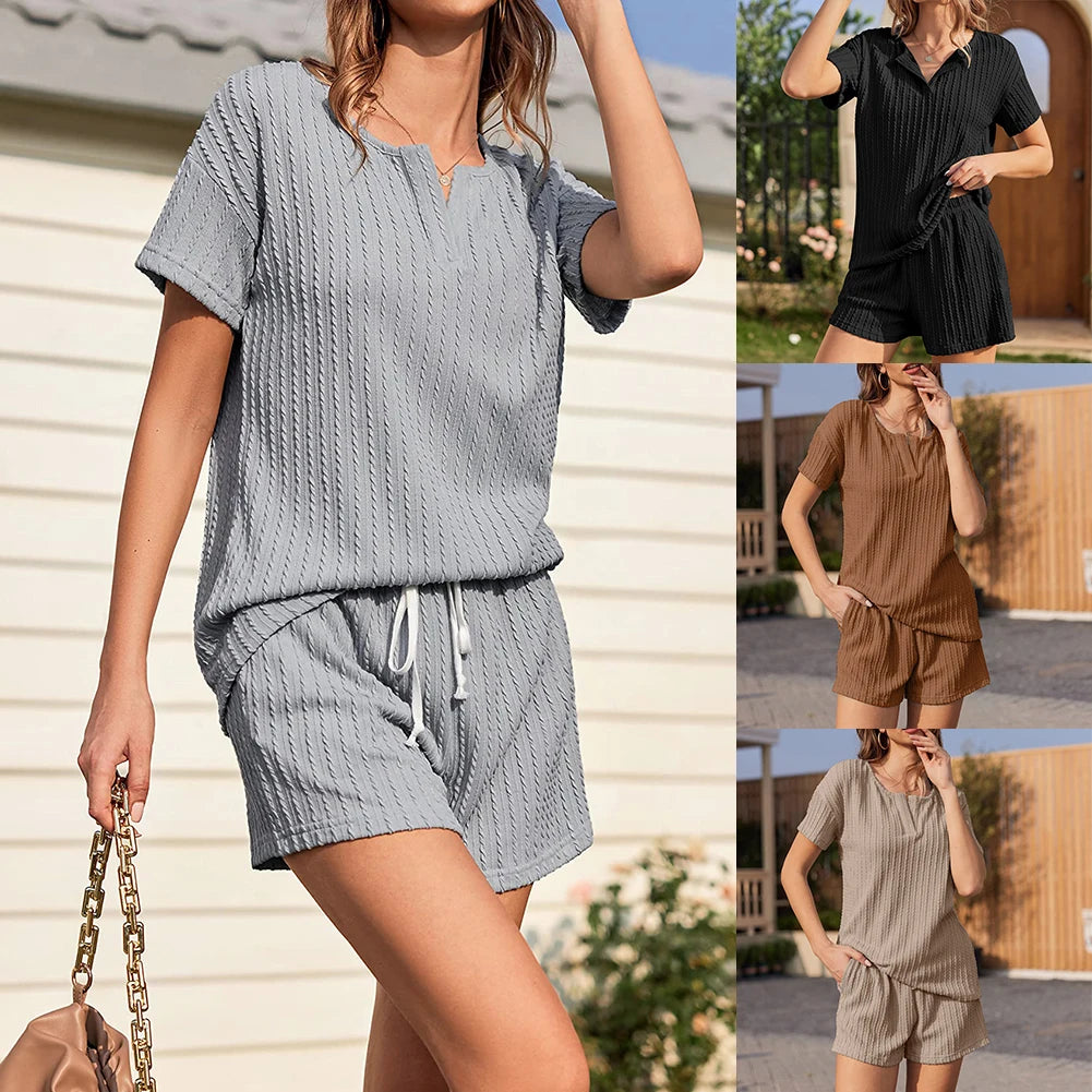 V Neck Short Sleeve Top Short Pants Women 2 Piece Sets  Drawstring Waist with Pockets Holidays Vacation Outfit