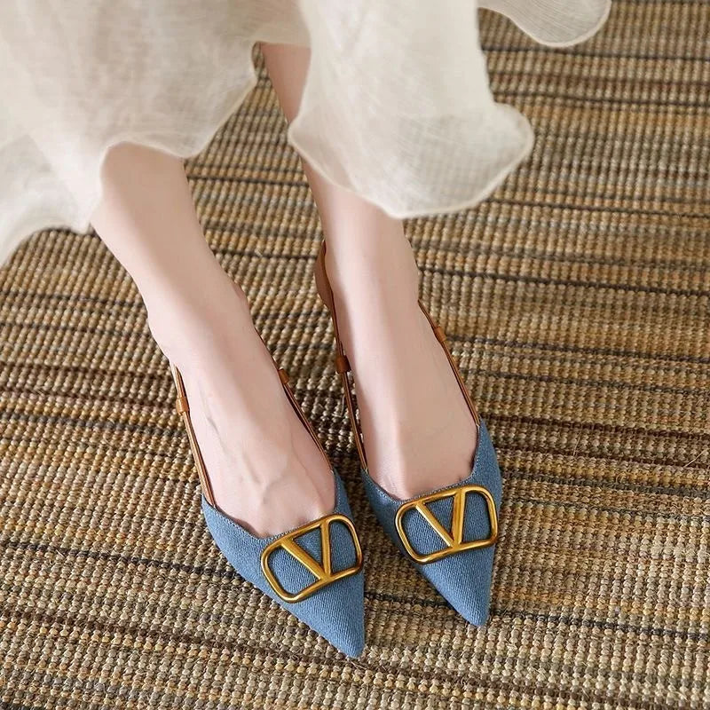 Summer Fashion High Heels Sandals for Women Casual Thin Heel Canvas Upper Med Heels
