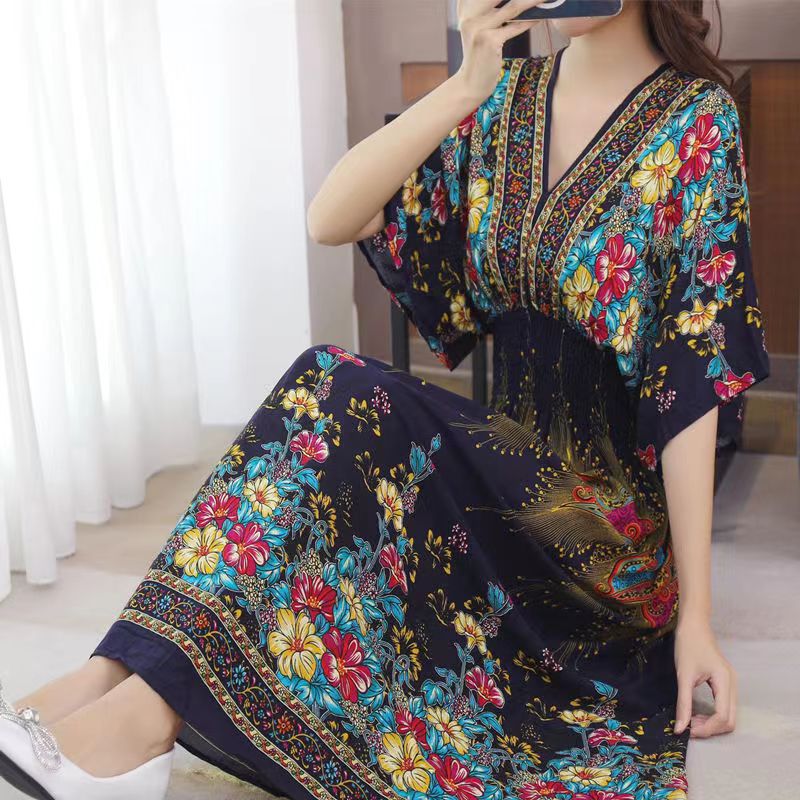 Casual Elegant V-neck Tunic Large Printed Dress Long Skirt