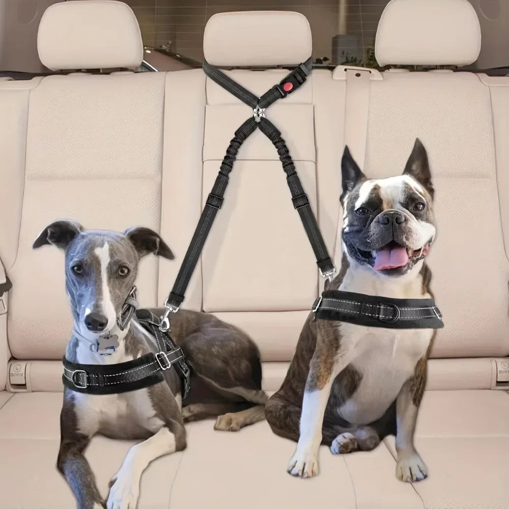 Double Dog Safety Belt Car Headrest Restraint Safety Seatbelt in Travel for 2 Dogs