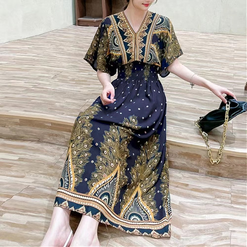 Casual Elegant V-neck Tunic Large Printed Dress Long Skirt