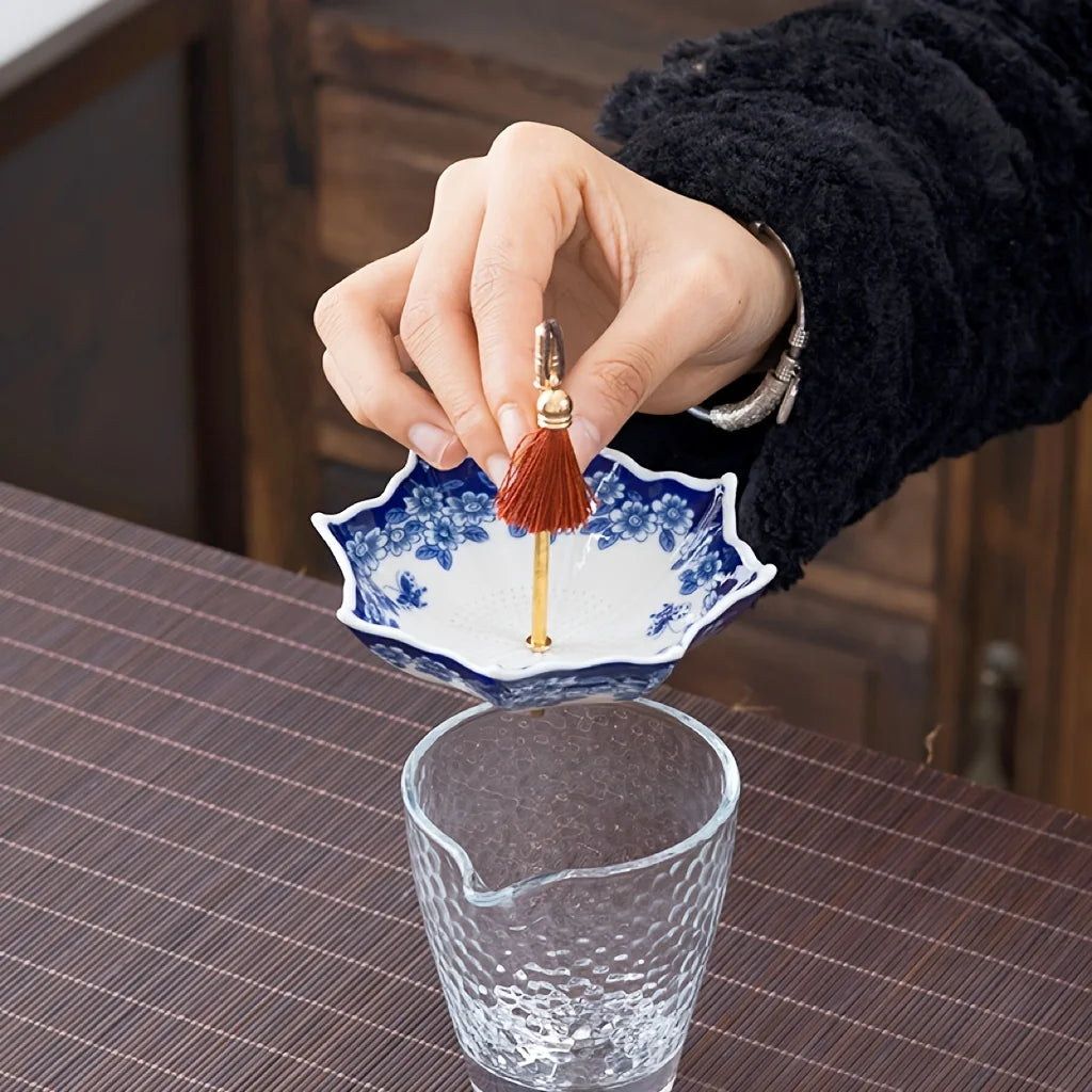 Ceramic Tea Strainer 1pc- Blue & White Umbrella Design with Tassel, Compact for Office/Home Decor, for Kung Fu Tea Sets