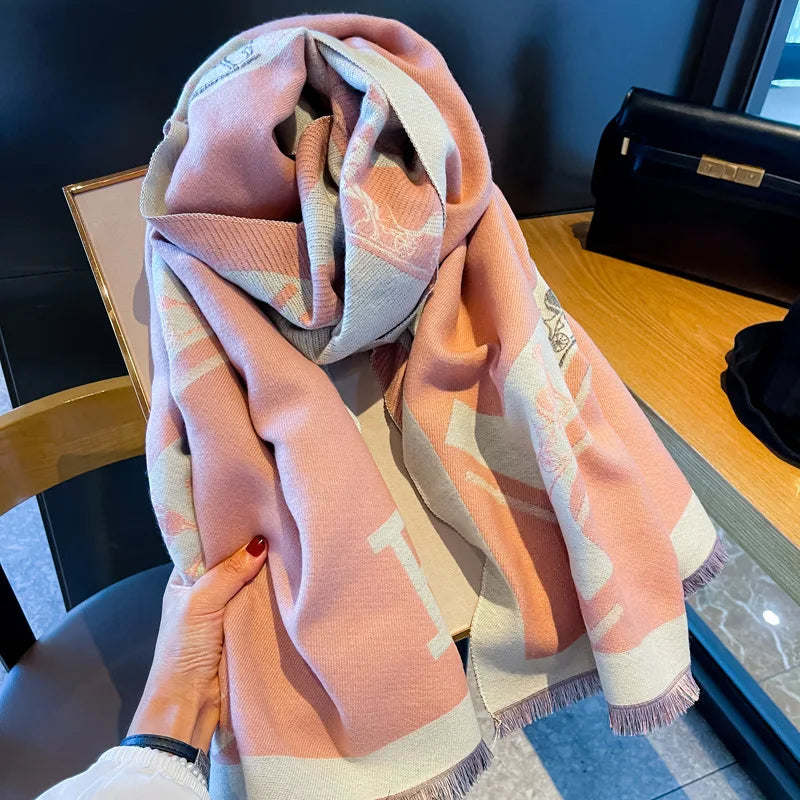 Women Fashion Scarf Winter Warm Letter Print Shawl Wrap Knit Scarves for All Season