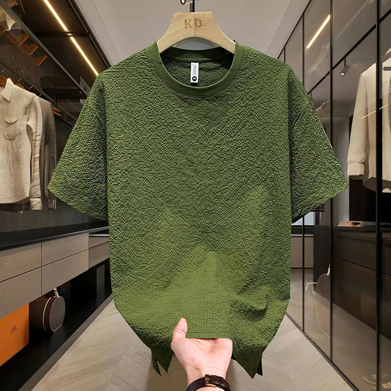 Summer Tee, Textured Seersucker Breathable, Slim Fit Short Sleeve T. Shirt for Men
