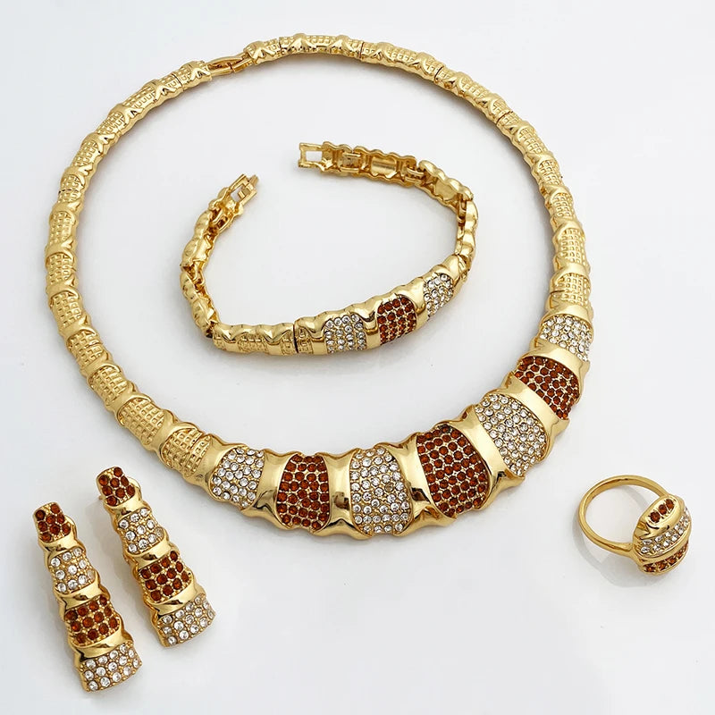 Gold Color Jewelry Sets Luxury 18K Gold Plated Women Necklaces Earrings Ring Bracelet  Accessories