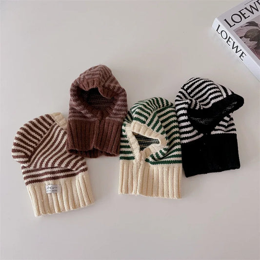 Winter Fashion Children Baby Knit Hooded Scarf Caps Warm Stripe One Piece Hat Kids Accessories