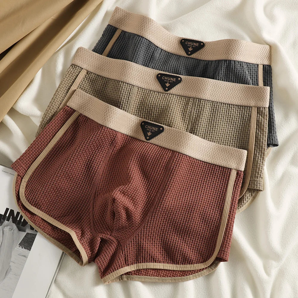 Fashion Ice Silk Knitted Plaid Boxers Breathable Comfort 3Pcs Pack Super Soft Men Panties