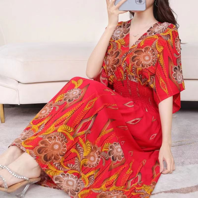 Casual Elegant V-neck Tunic Large Printed Dress Long Skirt