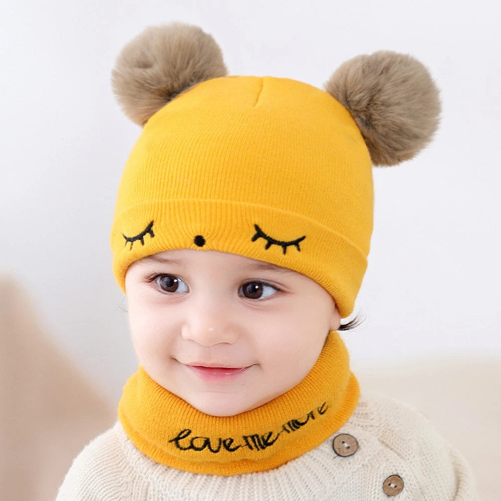 Autumn Winter Warm Baby Hat Scarf Set Solid Color Girl Boy Embroidery Infant Toddler Beanies For Kids