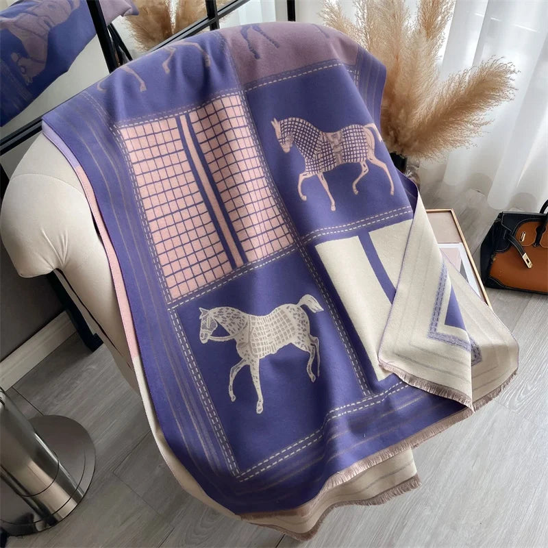 Women's Soft Cashmere Pashmina Scarf Warm Plaid Horse Print Shawl Thick Winter Wrap Tassel Stole Hijab for Outdoor Fashion