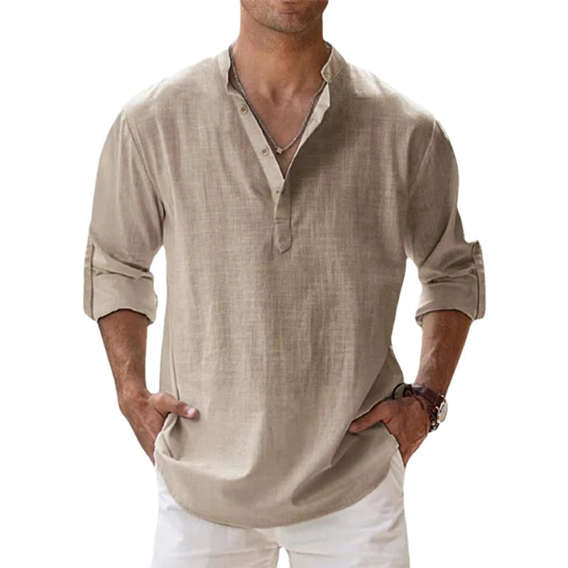 Men's Cotton Linen Casual Shirts Lightweight Long Sleeve Henley Beach Hawaiian T Shirts