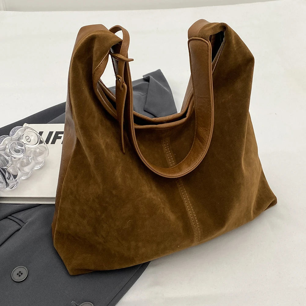 Retro Suede Large Capacity Bucket Bag Women's Casual Commuter Tote Shoulder Bag Magnetic Closure Zipper PU Leather Handbag