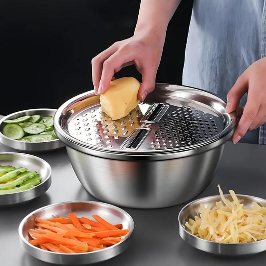 Vegetable Potato Stainless Steel Slicer, Washing Basin, Drain Basket, Multifunctional 3PCS/1 Set
