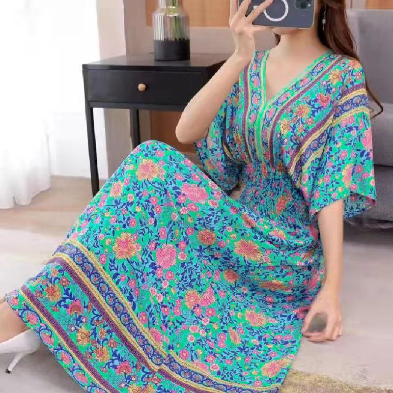 Casual Elegant V-neck Tunic Large Printed Dress Long Skirt