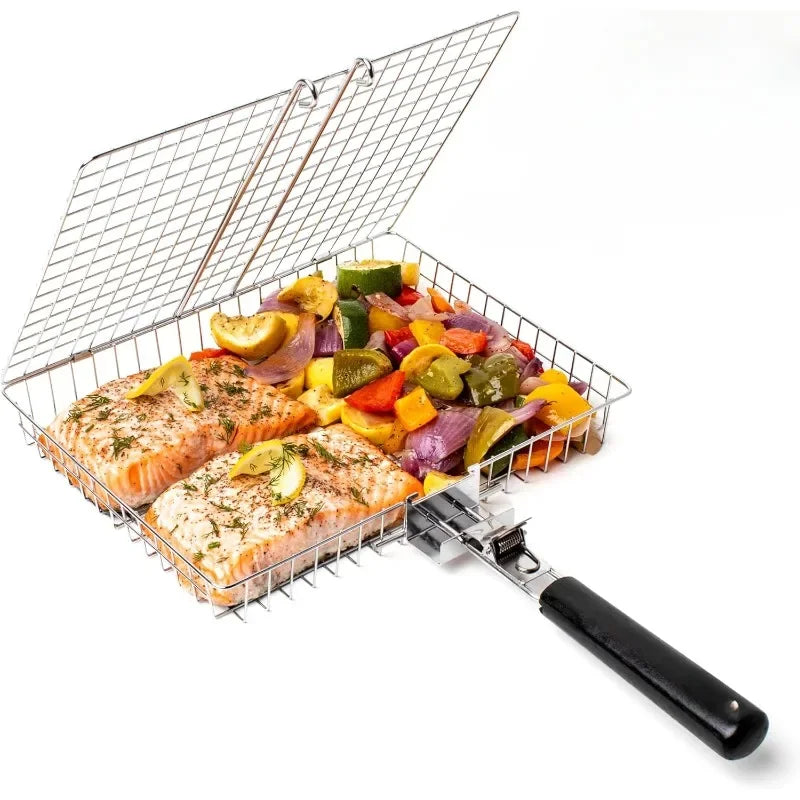 Stainless Steel Large Folding Grilling Basket Portable Outdoor Camping BBQ Rack for Cooking Accessories